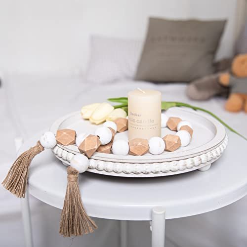 Chic White Wood Beaded Round Tray for Farmhouse Decor