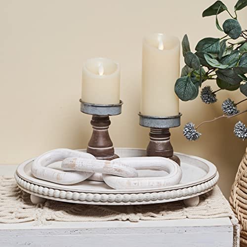 Chic White Wood Beaded Round Tray for Farmhouse Decor