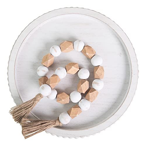 Chic White Wood Beaded Round Tray for Farmhouse Decor