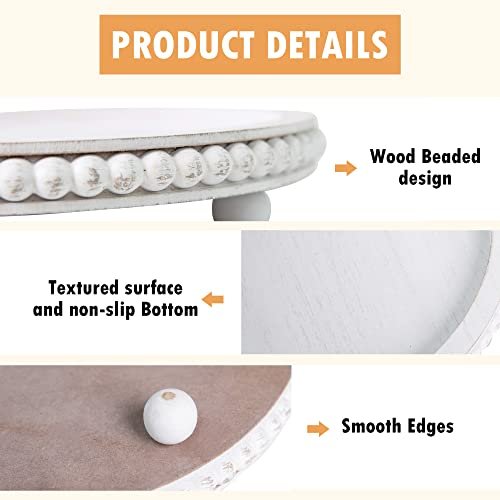 Chic White Wood Beaded Round Tray for Farmhouse Decor
