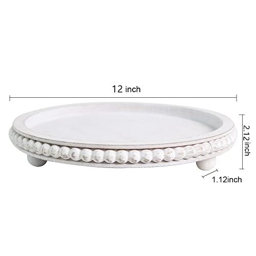 Chic White Wood Beaded Round Tray for Farmhouse Decor