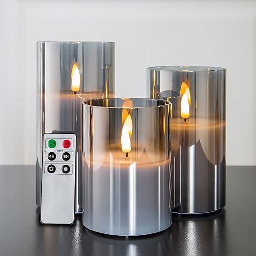 Elegant Silver Grey Flameless LED Candle Set with Remote