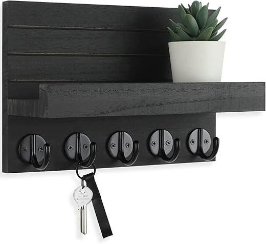 Rustic Paulownia Wood Key Holder with Shelf & Hooks
