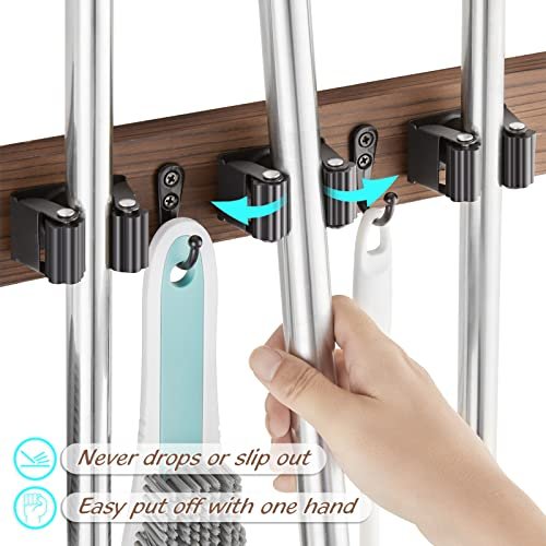 Rustic Wood Wall-Mount Mop & Broom Holder with Hooks