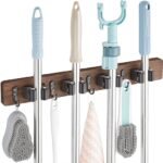 Rustic Wood Wall-Mount Mop & Broom Holder with Hooks