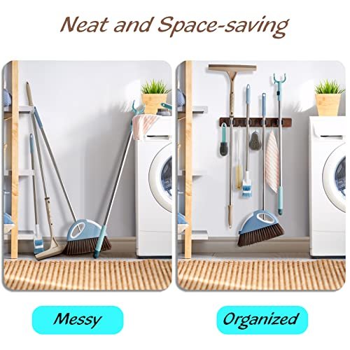 Rustic Wood Wall-Mount Mop & Broom Holder with Hooks