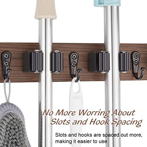 Rustic Wood Wall-Mount Mop & Broom Holder with Hooks
