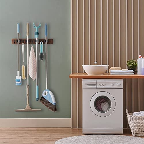 Rustic Wood Wall-Mount Mop & Broom Holder with Hooks