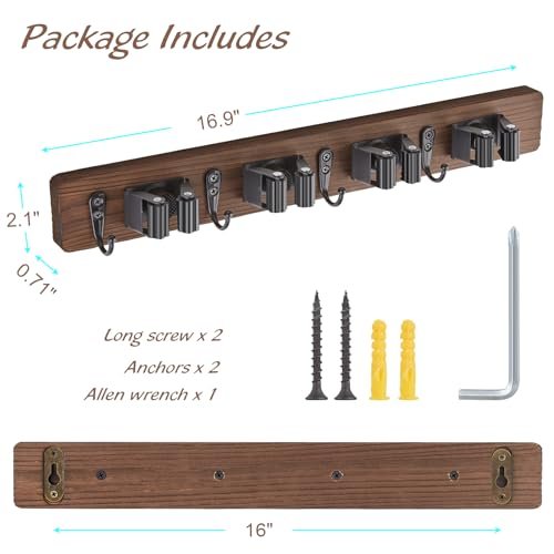 Rustic Wood Wall-Mount Mop & Broom Holder with Hooks