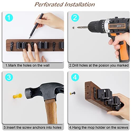Rustic Wood Wall-Mount Mop & Broom Holder with Hooks