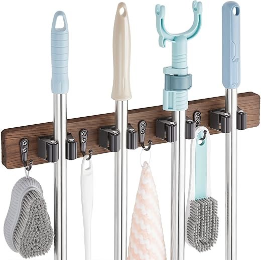 Rustic Wood Wall-Mount Mop & Broom Holder with Hooks