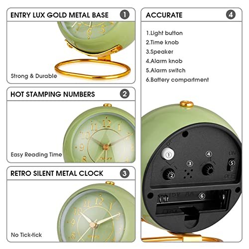 Vintage Olive-Green Silent Analog Alarm Clock