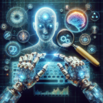 A digital human figure surrounded by technology symbols, gears, circuits, and a magnifying glass is typing on a keyboard.